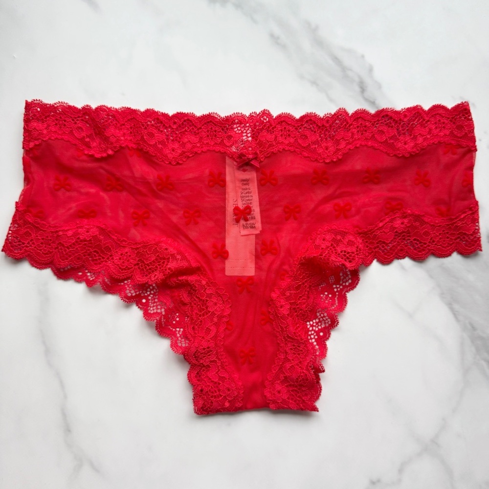 NWT VICTORIA’S SECRET TEASE MESH LACE-TRIM CHEEKY PANTY IN BRIGHT VERMILLION SMA